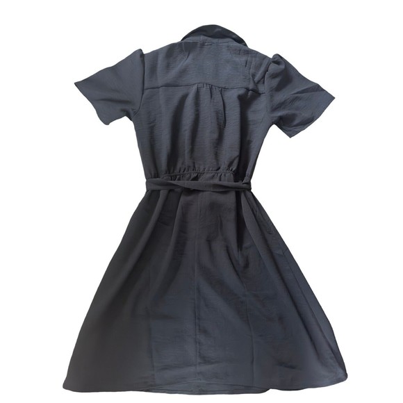 Womens Short Sleeve Button Dress Small Belted Black Pinup Goth Dark Academia - Picture 2 of 16